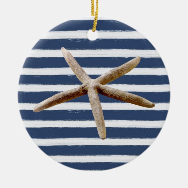 Navy Blue and White Stripes Starfish Ceramic Ornament (Front)