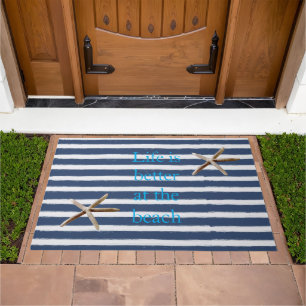 Navy Blue and White Stripes Starfish Doormat