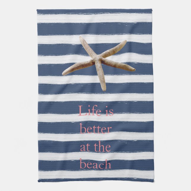 Navy Blue and White Stripes Starfish Kitchen Towel (Vertical)