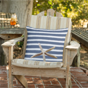 Navy Blue and White Stripes Starfish Outdoor Pillow