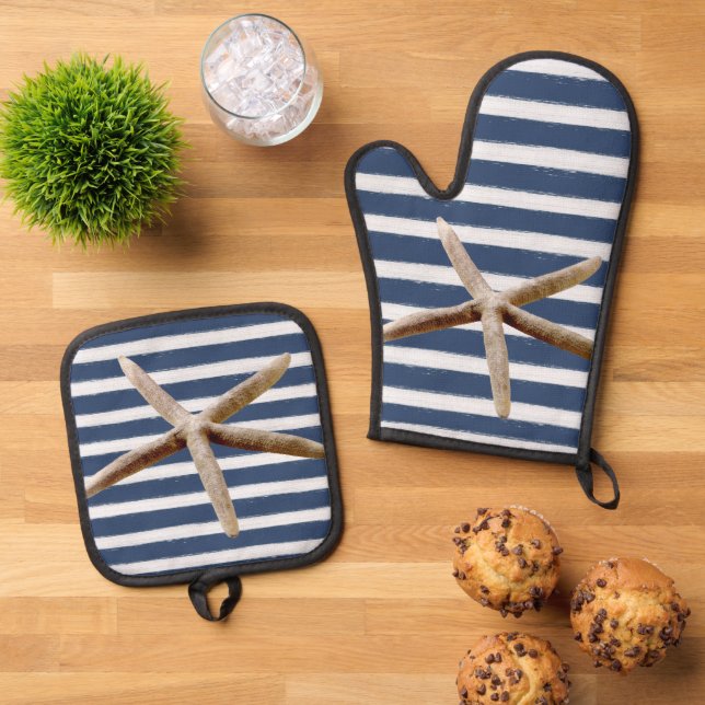 Navy Blue and White Stripes Starfish Oven Mitt & Pot Holder Set (Top Down)