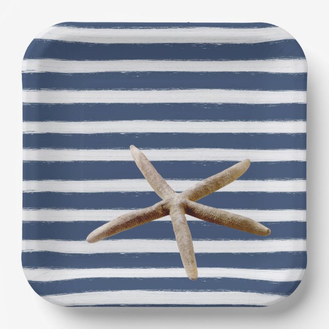 Navy Blue and White Stripes Starfish Paper Plates (Front)