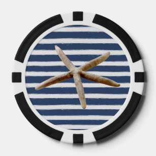 Navy Blue and White Stripes Starfish Poker Chips