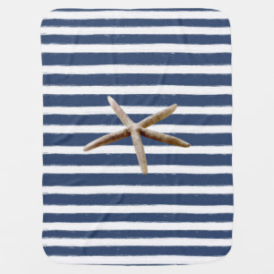 Navy Blue and White Stripes Starfish Receiving Blanket