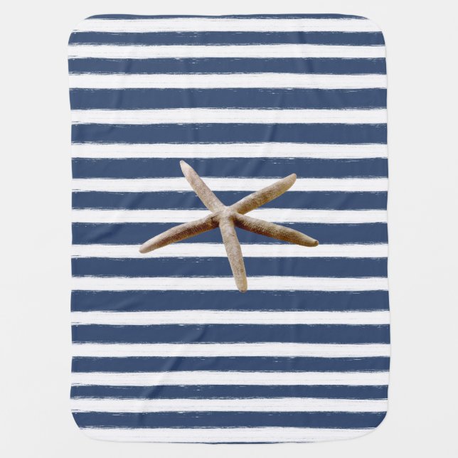Navy Blue and White Stripes Starfish Receiving Blanket (Front)