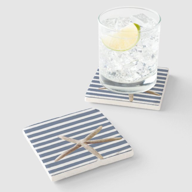 Navy Blue and White Stripes Starfish Stone Coaster (Side)