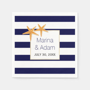 Navy blue and white stripes starfish wedding paper napkins
