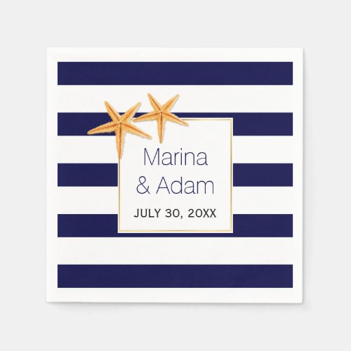 Navy blue and white stripes starfish wedding paper napkins