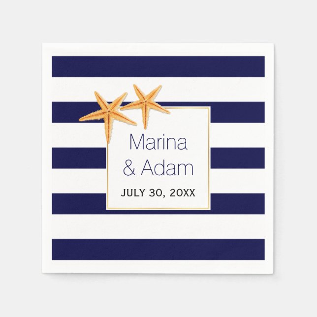 Navy blue and white stripes starfish wedding paper napkins (Front)