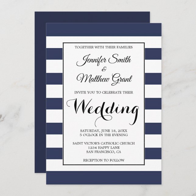 Navy Blue and White Stripes Wedding Invitation (Front/Back)