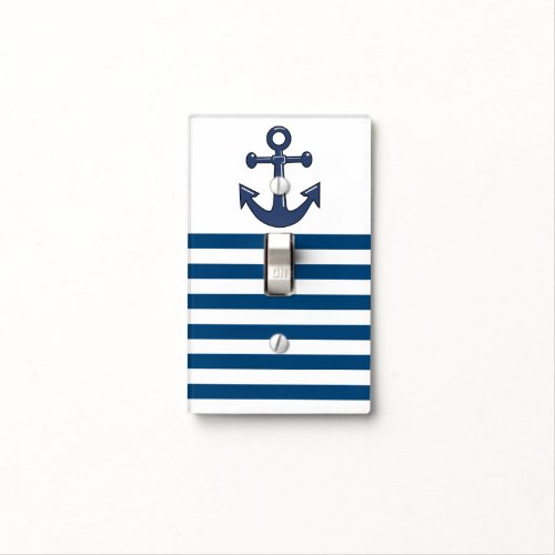 Navy Blue and White Stripes with Anchor Light Switch Cover