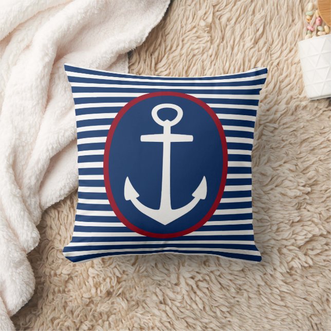 Navy Blue and White Stripes With Anchor Throw Pillow (Blanket)