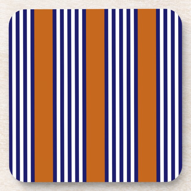 Navy blue and white stripes with burnt orange beverage coaster (Front)