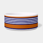 Navy blue and white stripes with burnt orange bowl<br><div class="desc">Navy blue and white five stripes pattern with burnt orange</div>