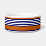 Navy blue and white stripes with burnt orange bowl<br><div class="desc">Navy blue and white five stripes pattern with burnt orange</div>