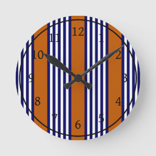 Navy blue and white stripes with burnt orange round clock