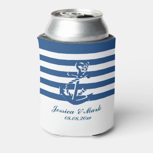 Navy Blue And White Stripes With Nautical Anchor Can Cooler