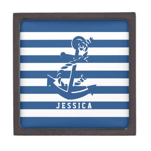 Navy Blue And White Stripes With Nautical Anchor Jewelry Box