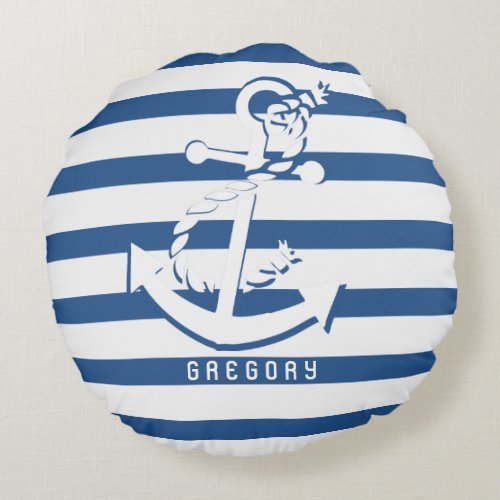 Navy Blue And White Stripes With Nautical Anchor Round Pillow