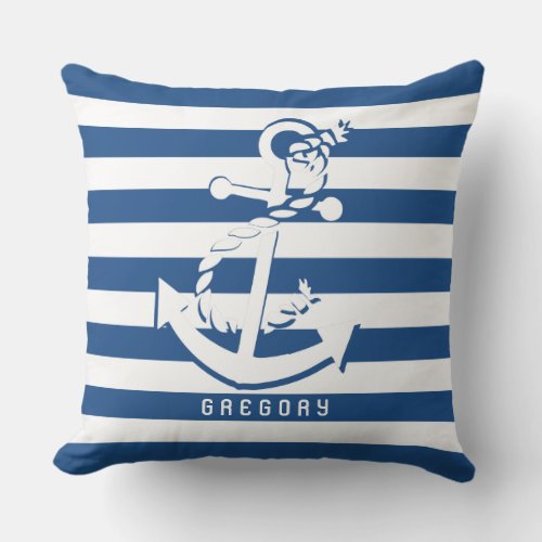 Navy Blue And White Stripes With Nautical Anchor Throw Pillow