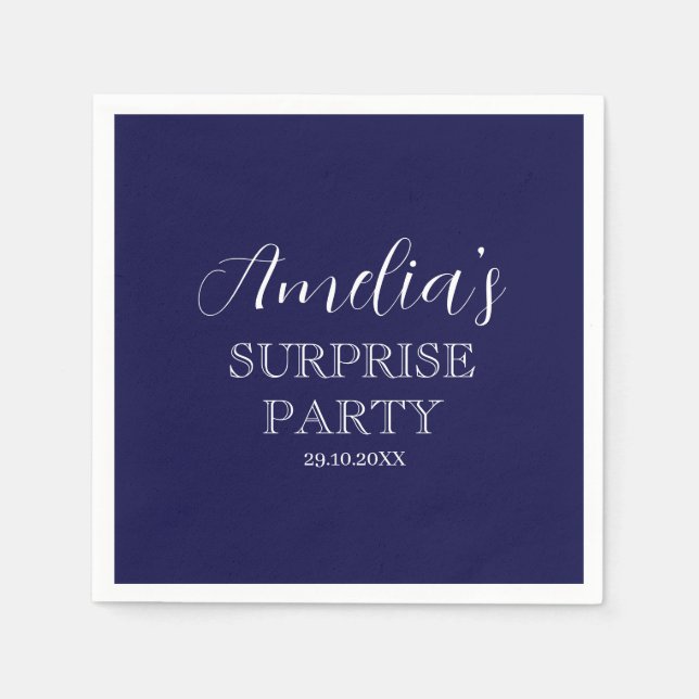 Navy Blue and White Surprise Birthday Party Napkins (Front)