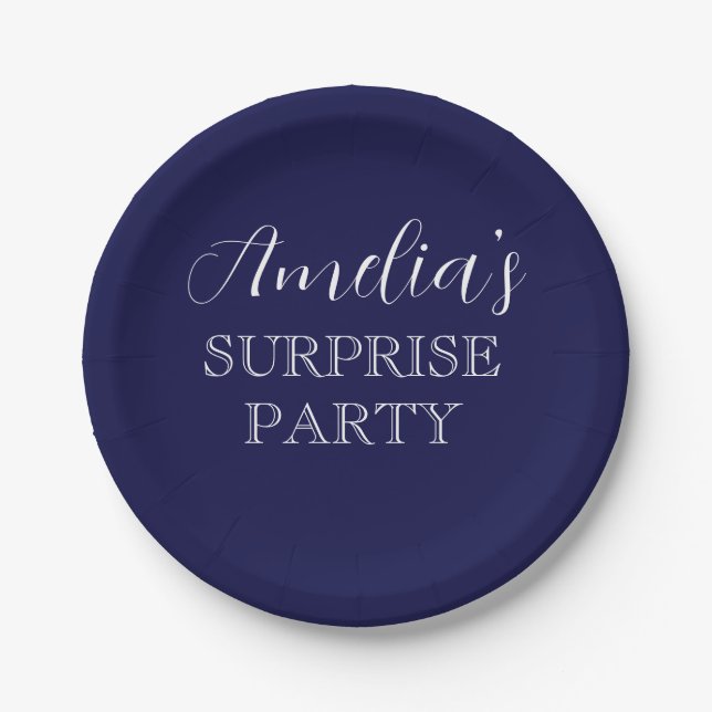 Navy Blue and White Surprise Birthday Party Paper Plates (Front)