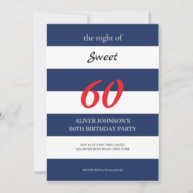 Navy blue and white Sweet 60th birthday Invitation (Front)