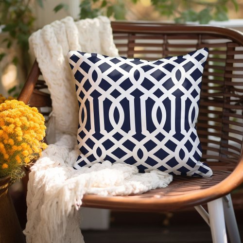 Navy Blue and White Trellis  Editable Colors Throw Pillow