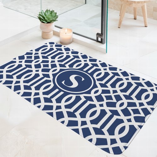 Navy Blue And White Trellis Monogram Bath Mat