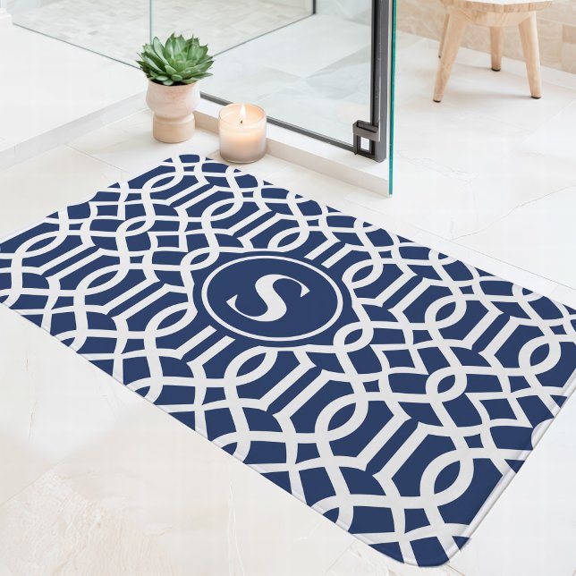 Navy Blue and White Trellis Monogram Bath Mat (Creator Uploaded)