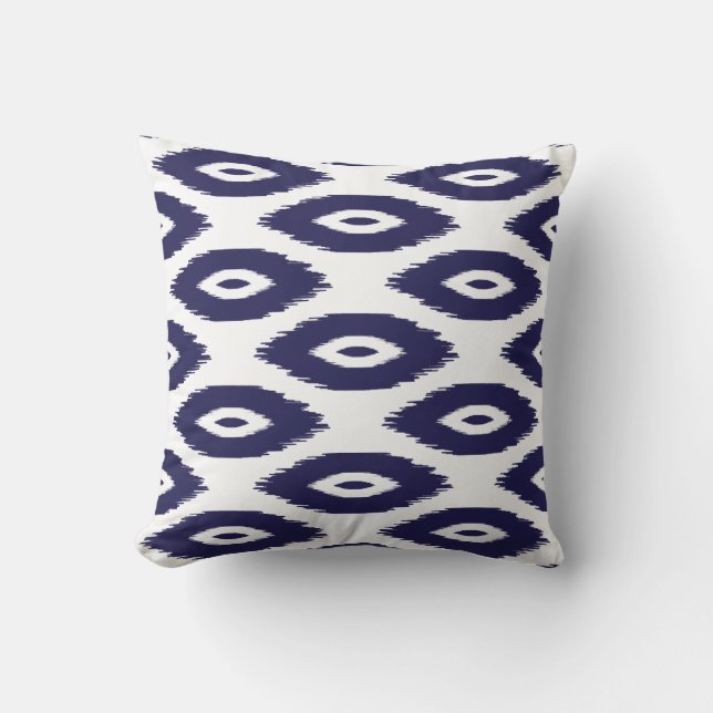 Navy Blue and White Tribal Ikat Dots Throw Pillow (Front)