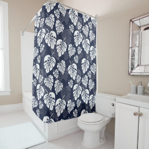 Navy Blue and White Tropical Foliage Floral Shower Curtain