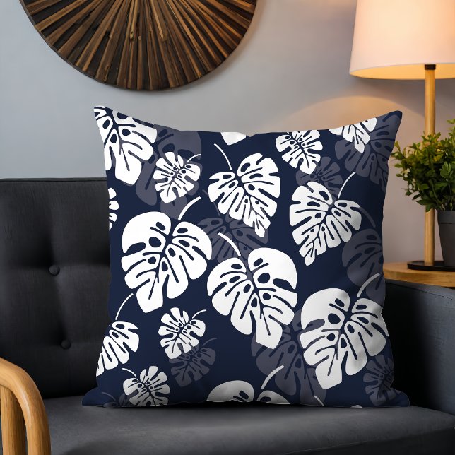 Navy Blue and White Tropical Foliage | Floral Throw Pillow (Creator Uploaded)