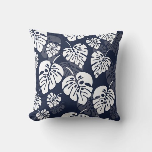 Navy Blue and White Tropical Foliage  Floral Throw Pillow