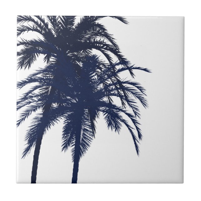 Navy Blue and White Tropical Palm Tree Ceramic Tile (Front)