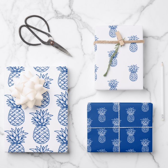 Navy Blue and White Tropical Preppy Pineapples Wrapping Paper Sheets (Front)