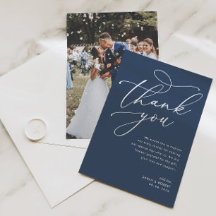 navy blue and white typography wedding thank you card