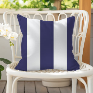 Navy Blue and White Vertical Awning Stripes Outdoor Pillow