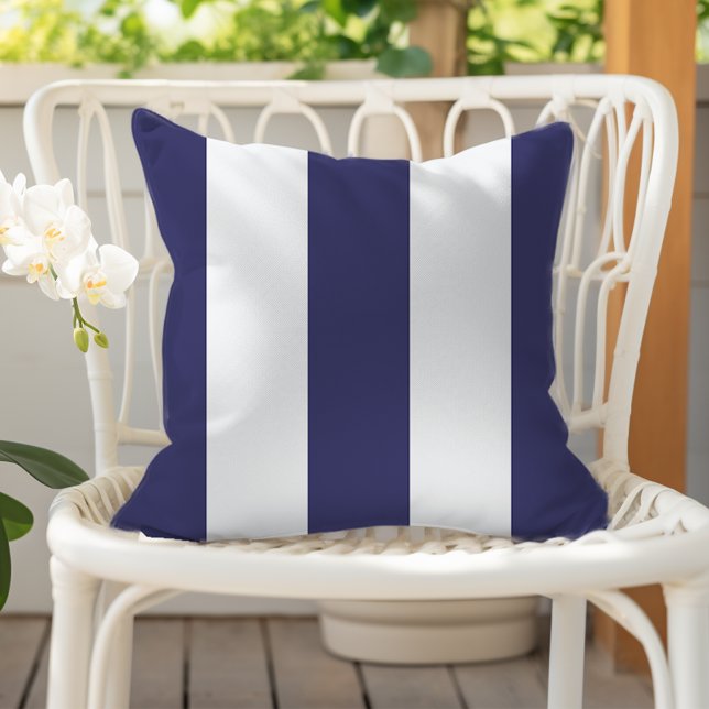 Navy Blue and White Vertical Awning Stripes Outdoor Pillow (Creator Uploaded)