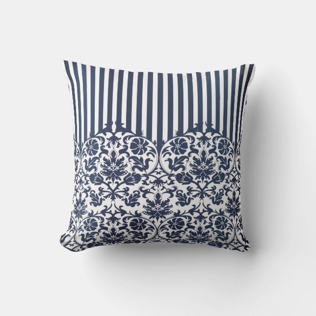 Navy Blue and White Vintage Damask Throw Pillow (Front)