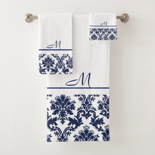 Navy_blue and white vintage damasks 2 monogram  ba bath towel set