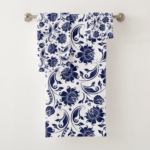 Navy_blue and white vintage damasks bath towel set