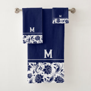 Navy-blue and white vintage damasks monogram 2 bath towel set