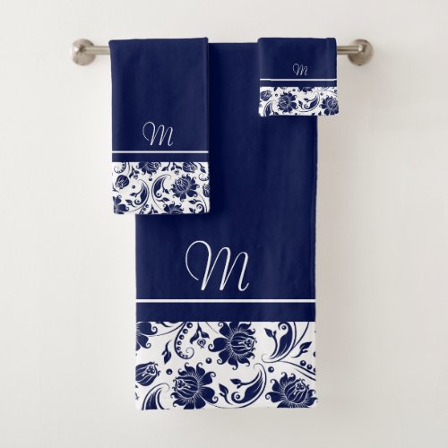 Navy_blue and white vintage damasks monogram bath  bath towel set