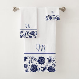 Navy-blue and white vintage damasks monogram bath towel set