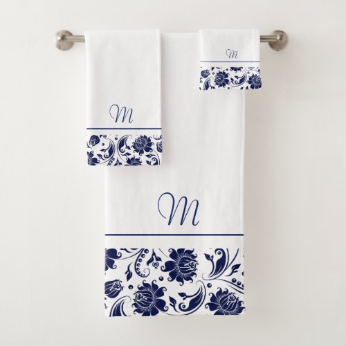 Navy_blue and white vintage damasks monogram bath towel set