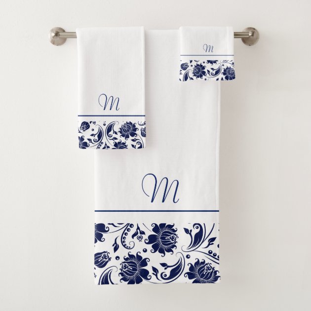 Navy blue and white vintage damasks monogram bath towel set Zazzle