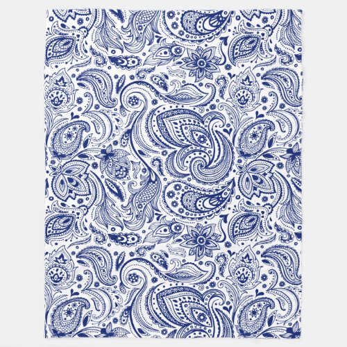 Navy Blue And White Vintage Floral Paisley Fleece Blanket