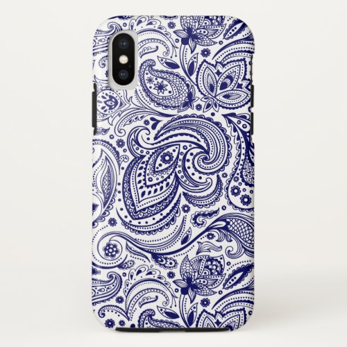 Navy_Blue and white vintage floral paisley pattern iPhone X Case