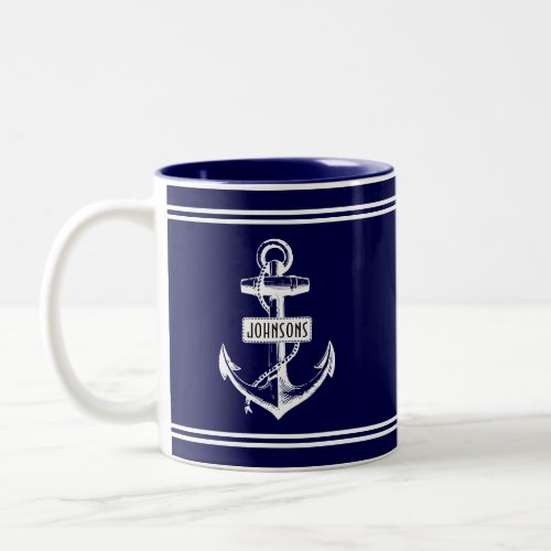 Navy blue and white vintage nautical anchor Two_Tone coffee mug